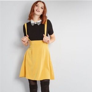 Modcloth Mustard Yellow Suspender Skirt Dress – Retro Inspired Fit & Flare Large
